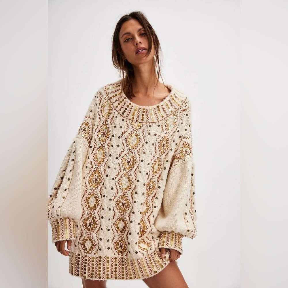 NWT‎ Free People Gilded Cable Embellished Cream Cable Knit Sweater Small